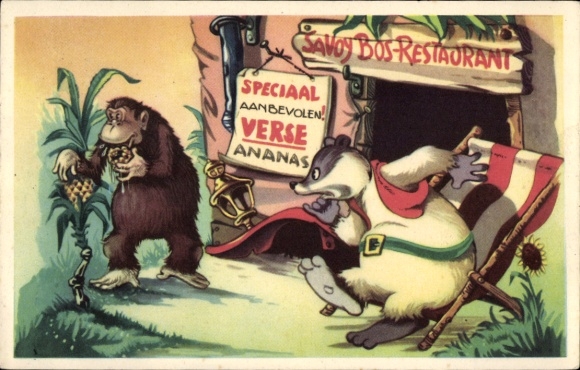 Artist Postcard Comic, Doremias Das, Restaurant, Badger, Monkey, Pineapple, Wim Lensen