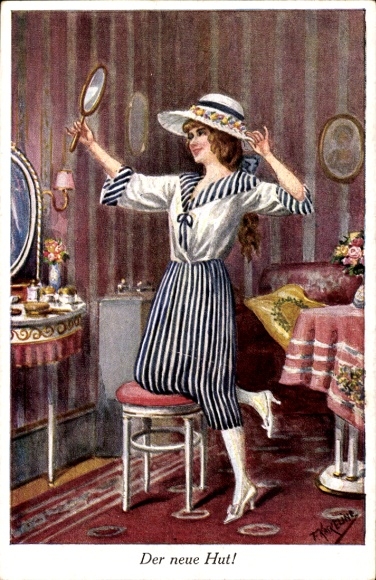 Artist Postcard Kaskeline, F., The new hat, woman with hand mirror