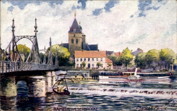 Artist Postcard Flower, Charles, Hameln in Lower Saxony, Weser Bridge, No. 696