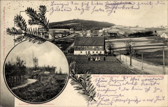 Ak Gickelsberg Ohorn in Saksen, dorp Schwedenstein, gebouwen, mensen, landschap