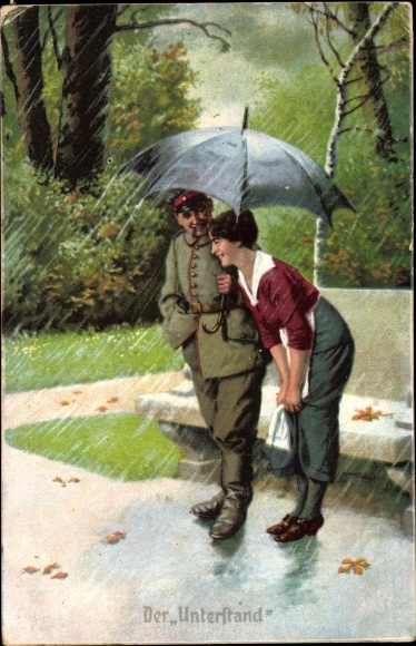 Künstler Ak Der Unterstand, Soldat hält Frau den Regenschirm, Immer Fachmann, I. WK