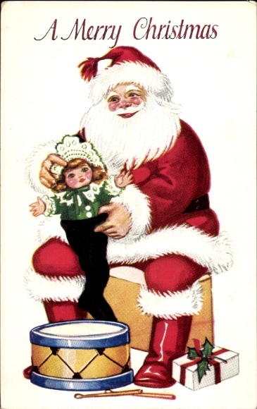 Reliëf Ak Gefeliciteerd Kerstmis, Kerstman vult kous met pop, trommel, cadeau