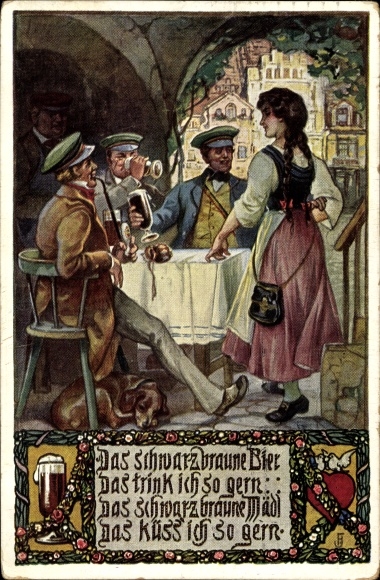 Artist Postcard I like to drink that black-brown beer, pub scene