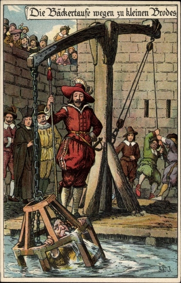 Artist Chromo-Litho Jodolfi, The baker&#39;s baptism because of too small bread, punishments in the Middle Ages