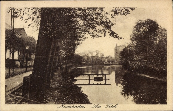 Ak Neumünster in Holstein, Bild von Teich, Bäume, Häuser, sepiafarbene Darstellung
