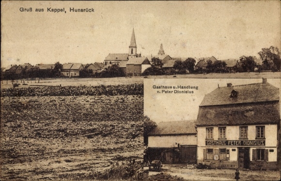 Postcard Kappel im Hunsrück, general view, church, inn and plot by Peter Dionisius