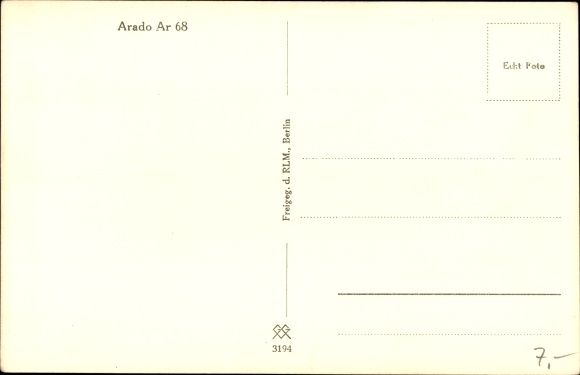 Postcard German Air Force, fighter aircraft Arado Ar 68 single-seater fighter
