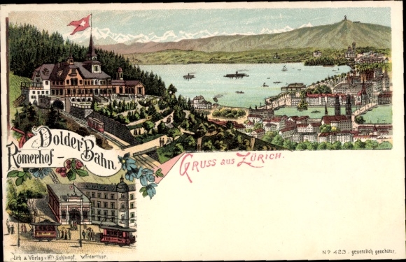 lito Zurich City Szwajcaria, Römerhof, Dolderbahn, kolej zębata, krajobraz panoramiczny