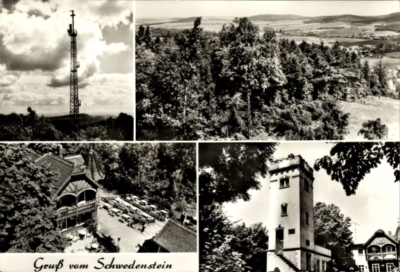 Ak Schwedenstein bij Pulsnitz, uitkijktoren, gastronomie, bossen, lucht, groeten uit Schwedenstein