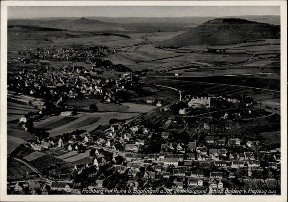Postcard Baldern Bopfingen in the Ostalbkreis, aerial view of Flochberg, ruins, Baldera Castle in the background
