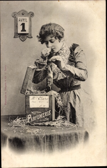 Ak Glückwunsch 1. April, Parfumerie, Frau mit Fisch, Kalender