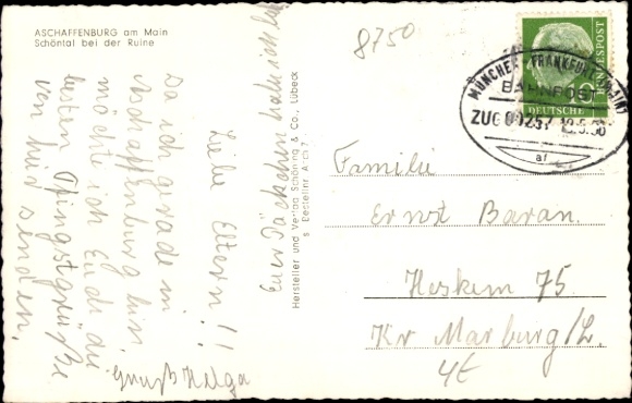 Postcard railway postmark Munich-Frankfurt Main train 257