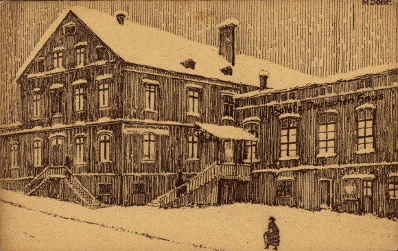Ak Grünhainichen im Erzgebirge, Hotel Deutsches Haus,  Holzbau, Schnee, Treppen