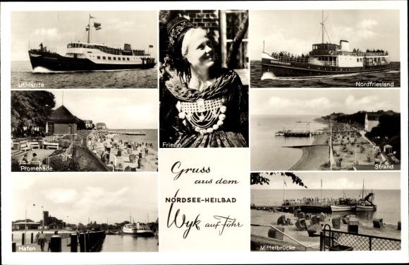 Ak Wyk op Föhr Noord-Friesland, centrale brug, Uthlande-schip, promenade, haven