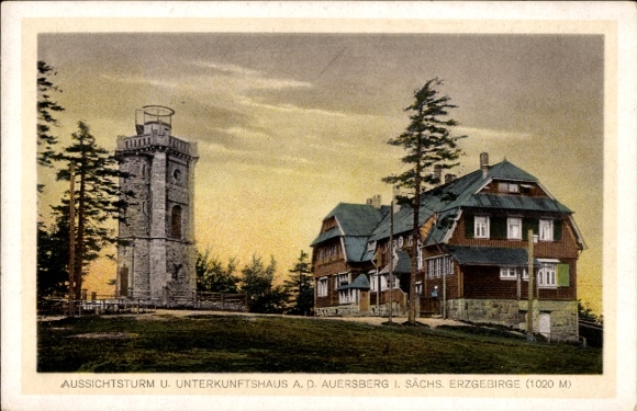 Postcard Wildenthal Eibenstock in the Ore Mountains, observation tower, accommodation house, Auersberg