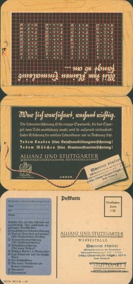 Foldable timetable, Allianz and Stuttgart insurance companies, spreadsheets around 1930