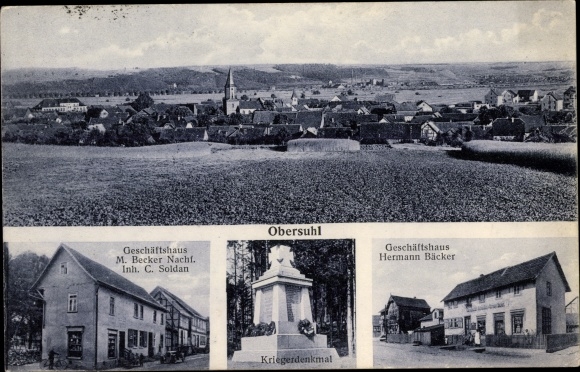 PC Obersuhl Wildeck Hesse, commercial building M. Becker Nachf., view of the town, war memorial
