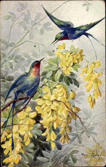 Kunstenaar Ak Kleurrijke vogels, bloeiende boom