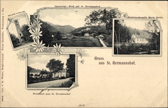 Postcard Sankt Germanshof Bobenthal, pilgrimage chapel Maria Hör, Lautertal, economy, tower