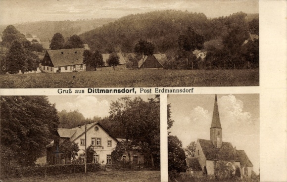 Postcard Dittmannsdorf Gornau in the Ore Mountains Saxony, general view, guest house, church