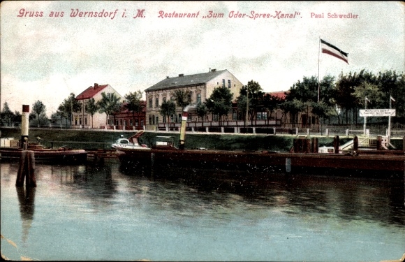 Postcard Wernsdorf Königs Wusterhausen, Restaurant Zum Oder Spree Canal, Paul Schwedler, pier