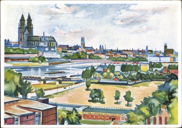 Kunstenaarskaart Querfeld, Herbert, Magdeburg, uitzicht op de stad vanaf de tentoonstellingstoren