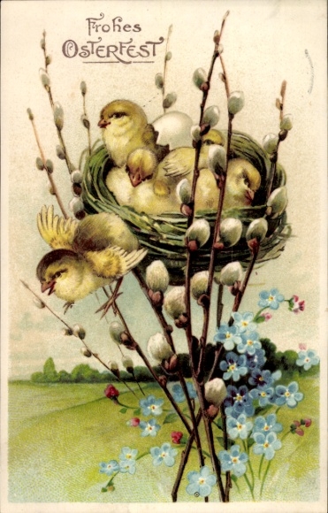Ak Glückwunsch Ostern, Küken im Nest, Weidenkätzchen, Blumen