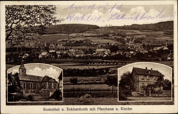 Ak Romsthal Bad Soden Salmünster im Kinzigtal Hesse, pastorie, kerk, dorp