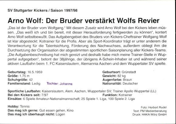 Karta autografu Współtrener Arno Wolf, SV Stuttgarter Kickers, autograf