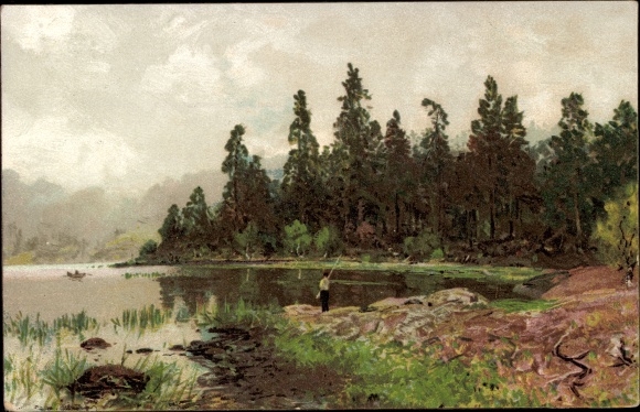 Artist Chromo-Litho Müller, Morten, Fra Nordmarken, bank area, mountains, forest