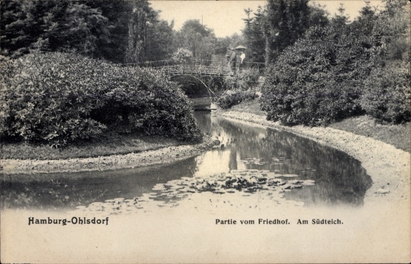 Ansichtkaart Hamburg Noord Ohlsdorf, kavel van de begraafplaats, aan de zuidvijver