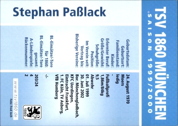 Autograph card footballer Stephan Paßlack, TSV 1860 Munich, autograph
