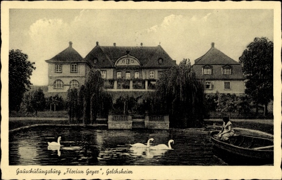 Postcard Gelchsheim in Lower Franconia, Gauschulungsburg Florian Geyer, swans