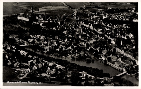 Postcard Donauwörth in Swabia Bavaria, aerial view of many houses, river visible