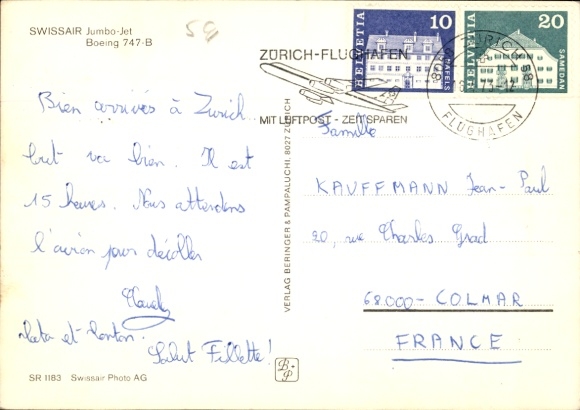 Postcard Swiss passenger aircraft, jumbo jet, Boeing 747-B, Swissair