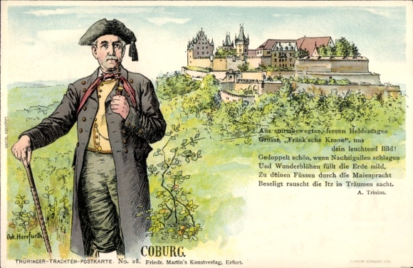PC Coburg in Upper Franconia, man in traditional costume, castle on hill, blooming landscape, poem by A. Tri