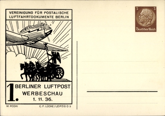 Postal stationery Postcard Roski, Berlin, 1 Berlin Airmail, advertising show 01.11.1936