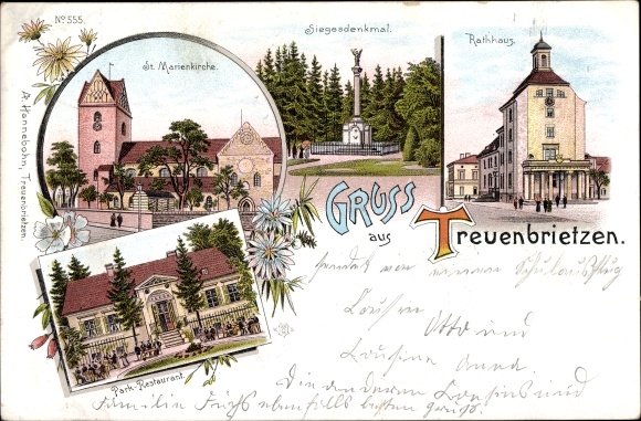 Litho Treuenbrietzen in Brandenburg, St. Marienkirche, Siegesdenkmal, Rathaus, Park-Restaurant