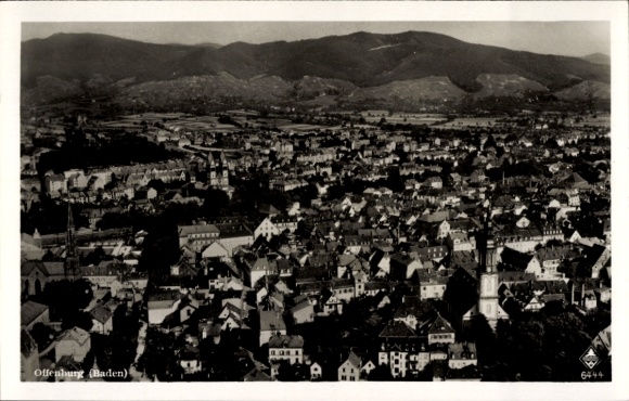 Postcard Offenburg in Baden Black Forest, aerial view of Offenburg, many roofs, mountains in the background