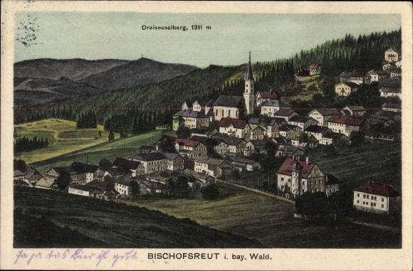 Ak Bischofsreut Haidmühle an der Kalten Moldau Niederbayern, Panorama vom Ort, Dreisesselberg