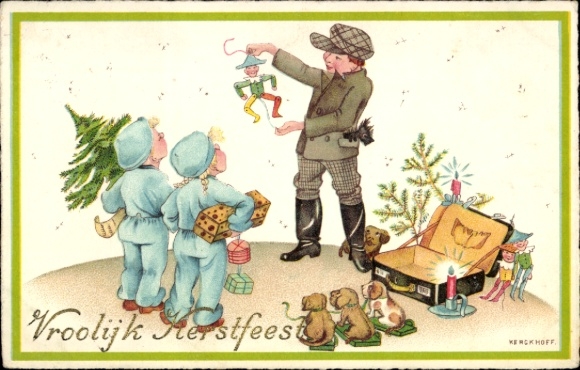 Artist Postcard Congratulations Christmas, children, toys, Christmas tree