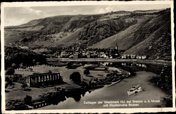 Postcard Bremm on the Moselle, Stubben monastery ruins, tent camp of the Westmark HJ