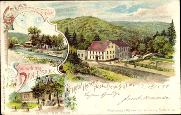Litho Dahlerbrück Schalksmühle im Sauerland, Hotel Hencke, Bahnhof, Gleisseite