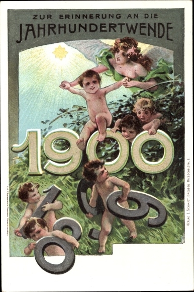 Postal stationery PC Happy New Year, turn of the century 1899 - 1900, angel, allegory, star