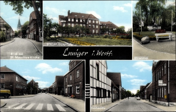 Postcard Enniger Ennigerloh in Westphalia, memorial, St. Mauritius Church, Marien Hospital, Dorfstrasse
