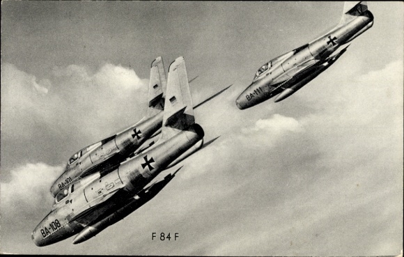 Postcard German military aircraft, F 84 F, Bundeswehr Luftwaffe, BA-108, BA-111, BA-101