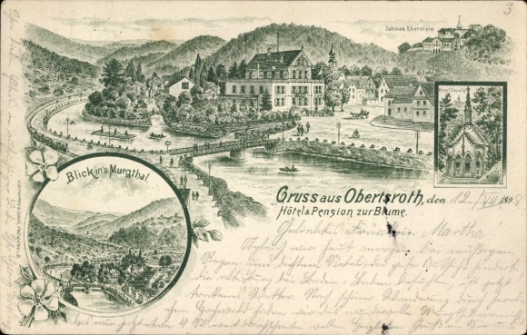 Litho Obertsrot Gernsbach im Schwarzwald, Gesamtansicht, Murgthal, Hotel Pension zur Blume