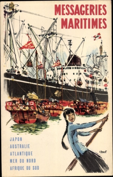 Kunstenaar Ansichtkaart Messageries Maritimes, Japan, Australië, Alantique, passagiersstoomboot in Azië