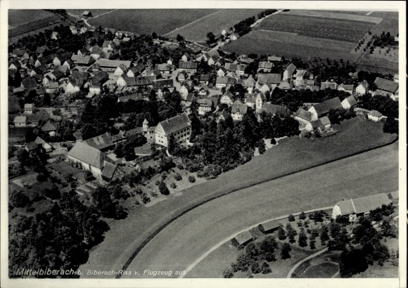 Postcard Mittelbiberach in Upper Swabia, aerial photograph, city view, houses, landscape, river