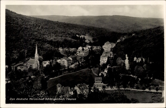 Postcard Schlangenbad in the Taunus Hesse, panorama of the nerve bath, Taunus, church, wooded hills